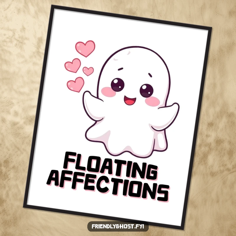 Funny cheerful ghost character blowing heart-shaped bubbles, a digital art print for instant cheer.