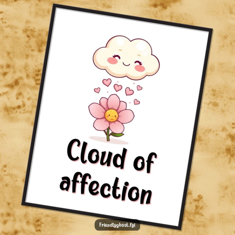 Funny digital art print of a happy cloud raining sparkling hearts onto a flower, offering instant cheerful, loving, and happy vibes.