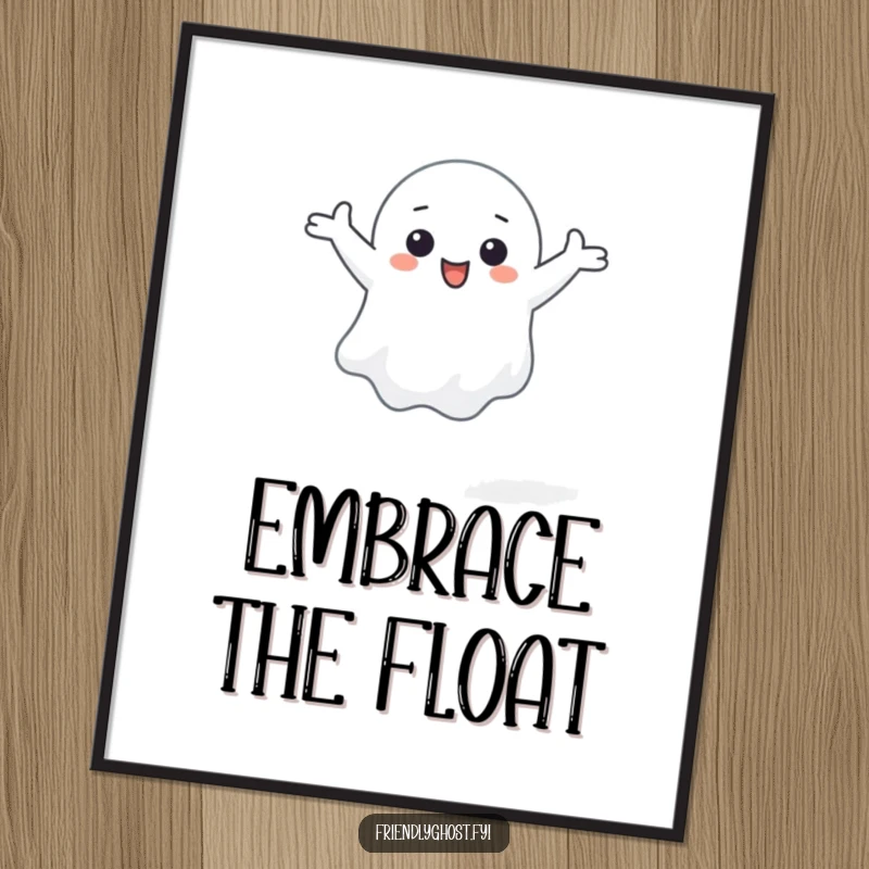 Funny digital art print of a small ghost character happily floating with arms outstretched.