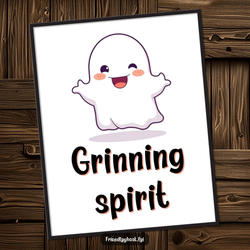 Funny digital art print of a friendly ghost character playfully booing with a wide, ecstatic, happy grin.