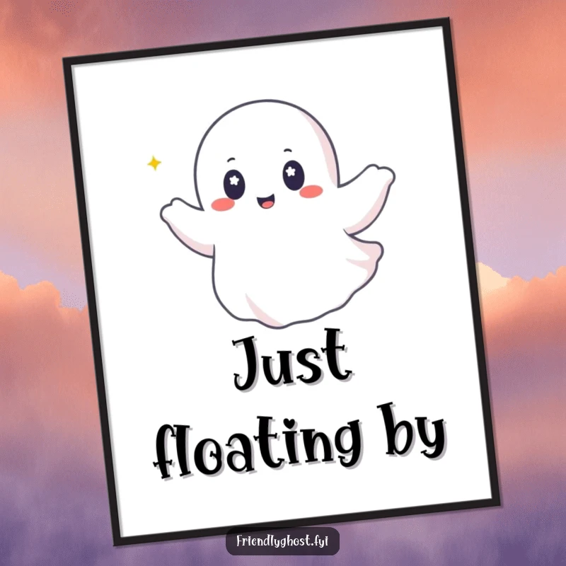 Funny ghost digital art print of a happy ghost with twinkling eyes riding a gentle breeze, ready to download and display.