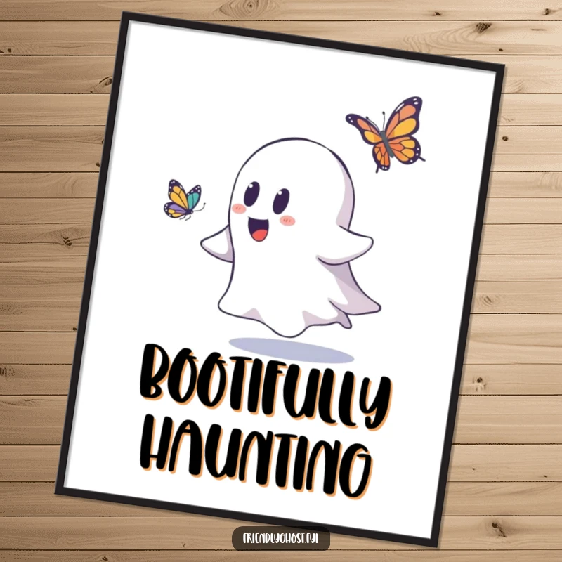 Funny ghost digital art print of a playful ghost excitedly chasing a delicate butterfly, ready to download and display.