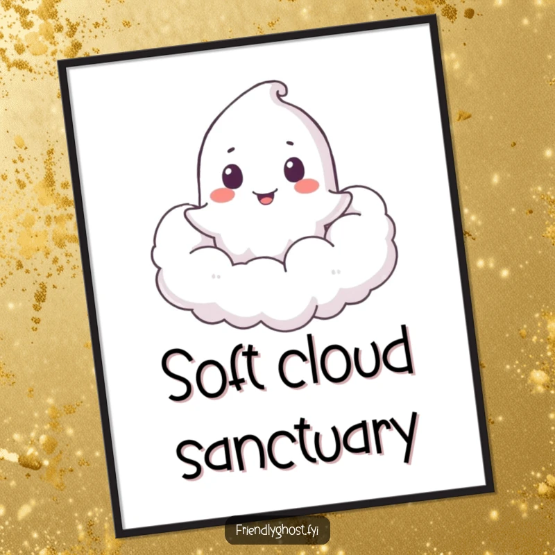 Funny Ghost Cloud Peeker Digital Art Print: A ghost playfully peeks from a soft, fluffy cloud, creating a whimsical and charming visual.