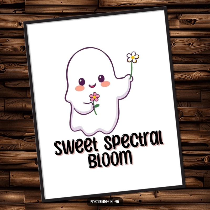 Funny ghost flower digital art print showing a sweet ghost offering a bloom, perfect for instant, heartwarming wall decor.