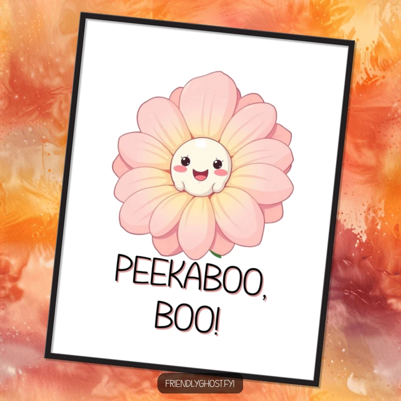 Funny Ghost Flower Digital Art: High-resolution print of a playful ghost peeking behind a smiling flower, offering instant whimsical humor.
