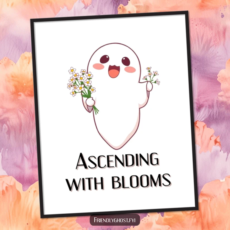 Funny delighted ghost character floating upwards holding a bouquet of tiny flowers, a digital art print.