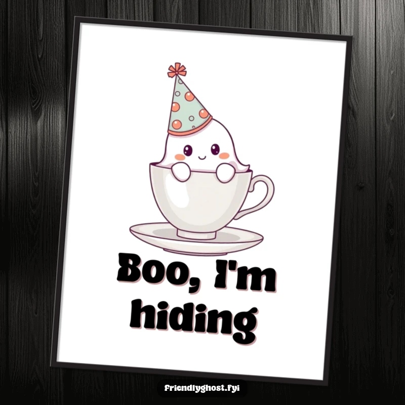 Funny shy ghost wearing an oversized party hat, peeking from behind a teacup, a whimsical digital art print.