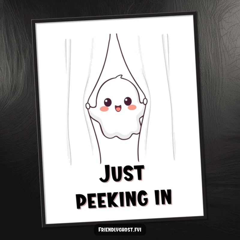 Funny ghost digital art print of a cheerful ghost peeking from behind a shimmering curtain, ready to download and display.