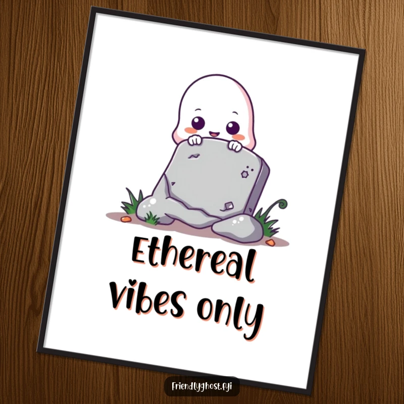 Funny ghost digital art print of a cute ghost playfully peeking from behind a tombstone, whimsical and spooky.