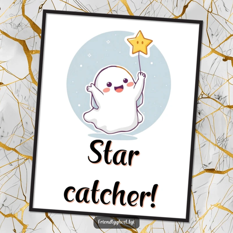 Funny Ghost Star Digital Art: High-resolution print of a ghost joyfully catching a falling star, offering instant celestial humor.