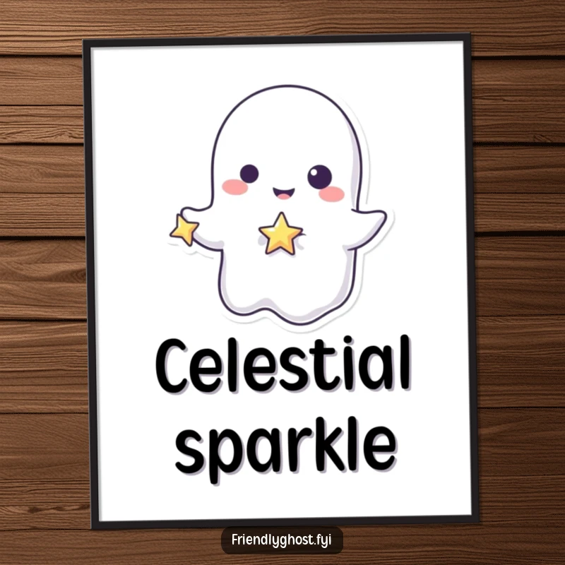 Funny ghost star digital art print of a playful character holding a tiny, sparkling star, a humorous and instantly downloadable decor gift.