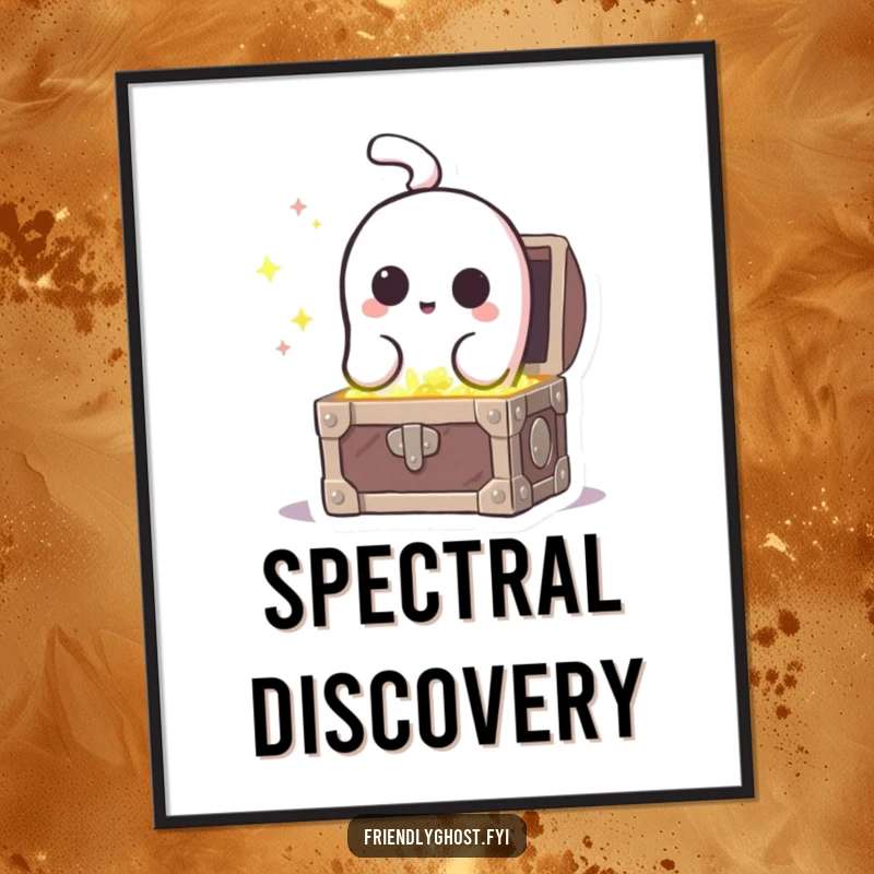 Funny curious ghost character peeking into a sparkling treasure chest, a digital art print for instant intrigue.