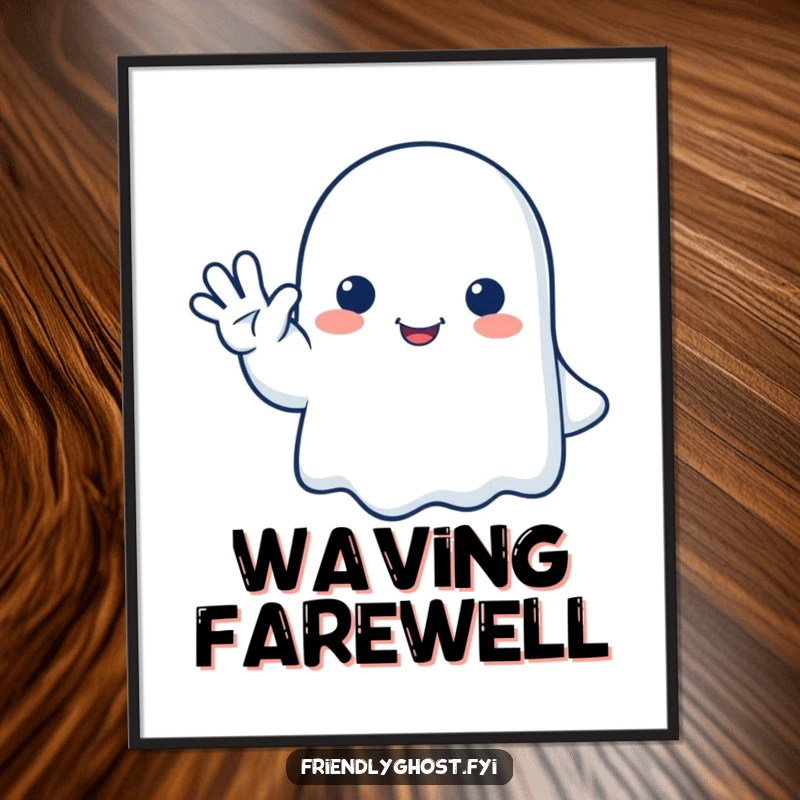 Funny ghost digital art print of a happy ghost giving a gentle, friendly wave goodbye, perfect for instant humorous wall decor.