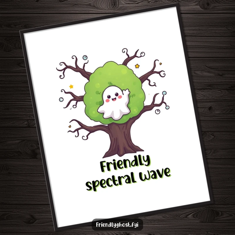 Funny ghost waving tree digital art print showing a friendly ghost waving from a spooky tree, perfect for instant decor.