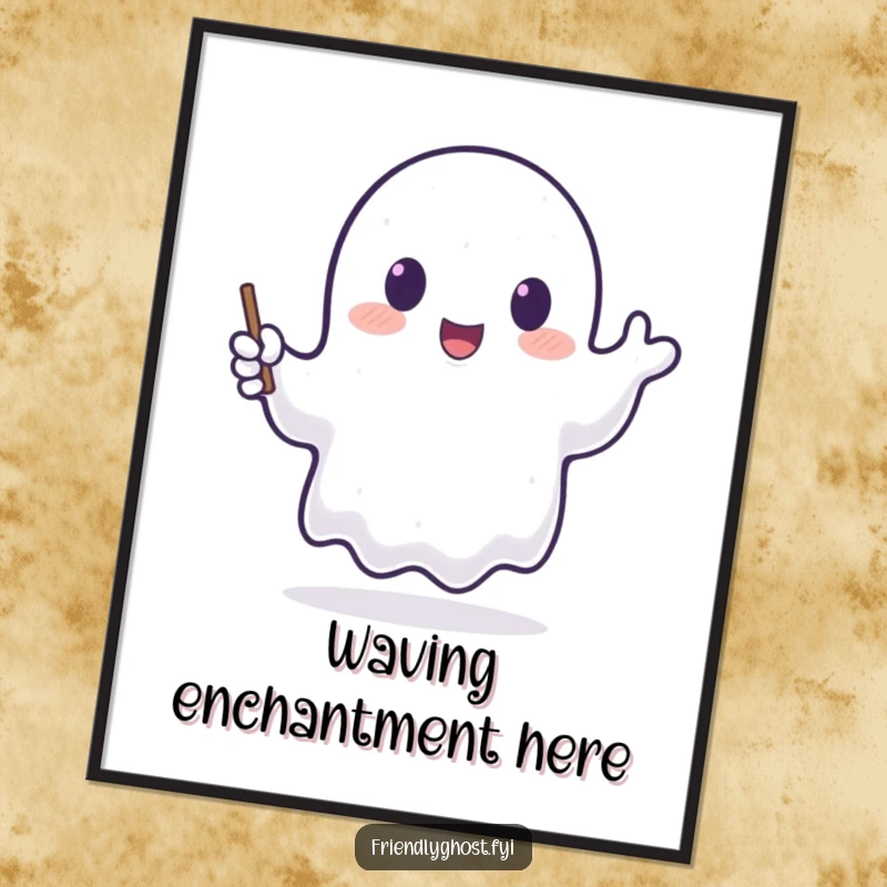Funny digital art print of a translucent ghost happily waving a tiny, glowing wand, offering instant magical ambiance.