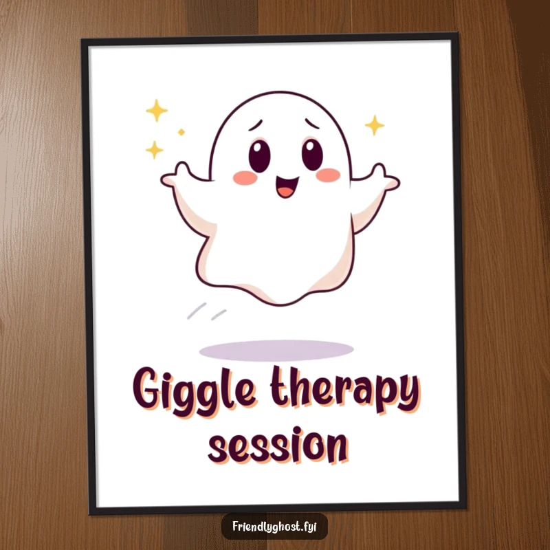 Funny Giggling Ghost Digital Art Print: A joyful ghost bounces with a sparkling trail, radiating laughter. An instant funny gift for bright spaces.