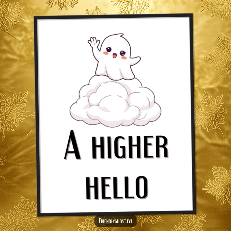 Funny digital art print of a happy ghost waving hello from atop soft, fluffy clouds, adding serene and cheerful vibes.
