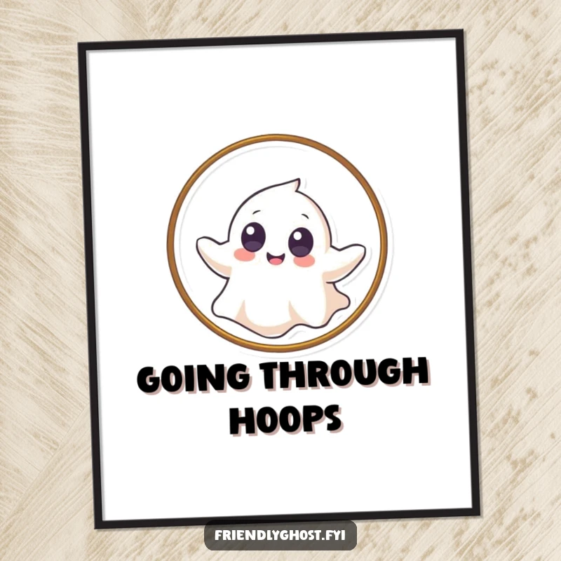 Funny digital art print of a giggling ghost with big eyes gently floating through a hoop, offering instant playful decor.