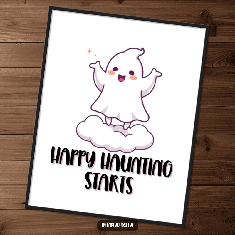 Funny digital art print of a ghost doing a happy jig on a cloud, offering a humorous and cheerful spooky decorative piece.