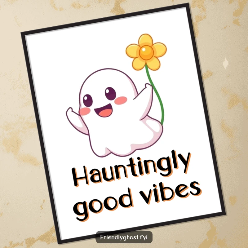 Funny digital art print of a grinning ghost playfully booping a floating flower, offering instant whimsical decor.