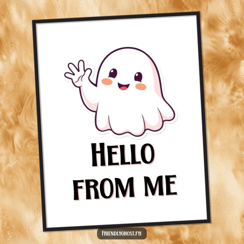Funny Ghost Waving Digital Art Print: Happy spirit waving enthusiastically, perfect for friendly wall decor.