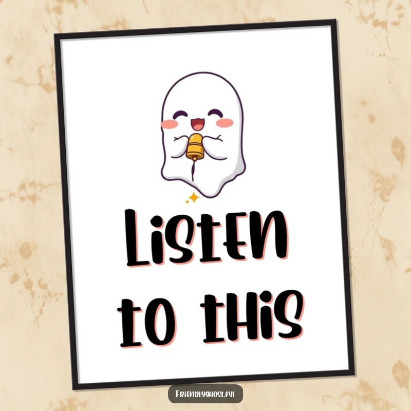 Funny Ghost Bell Ringer Digital Art Print: Delighted spirit ringing a small bell, perfect for cheerful wall decor.