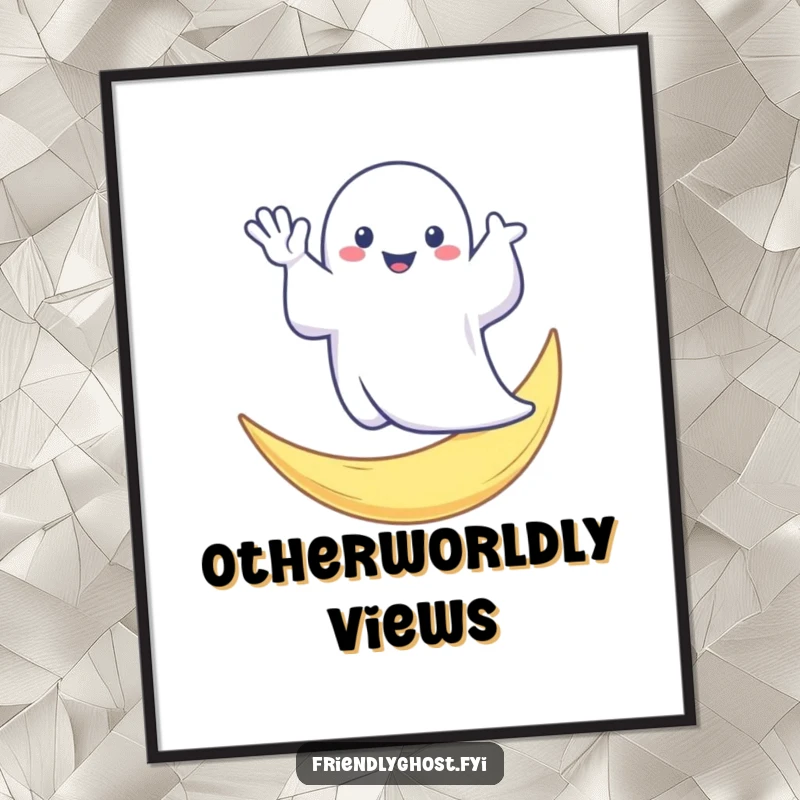 Funny digital art of a friendly ghost waving from a crescent moon, perfect for whimsical and humorous decor.