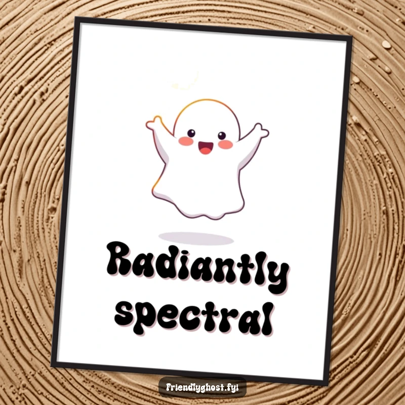 Funny joyful ghost character doing a cartwheel in a sunbeam, a digital art print for instant cheer.