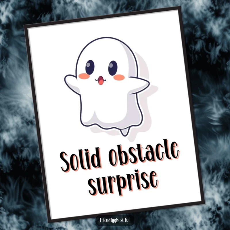 Funny ghost digital art print of a ghost character looking surprised, trying to float through a wall.