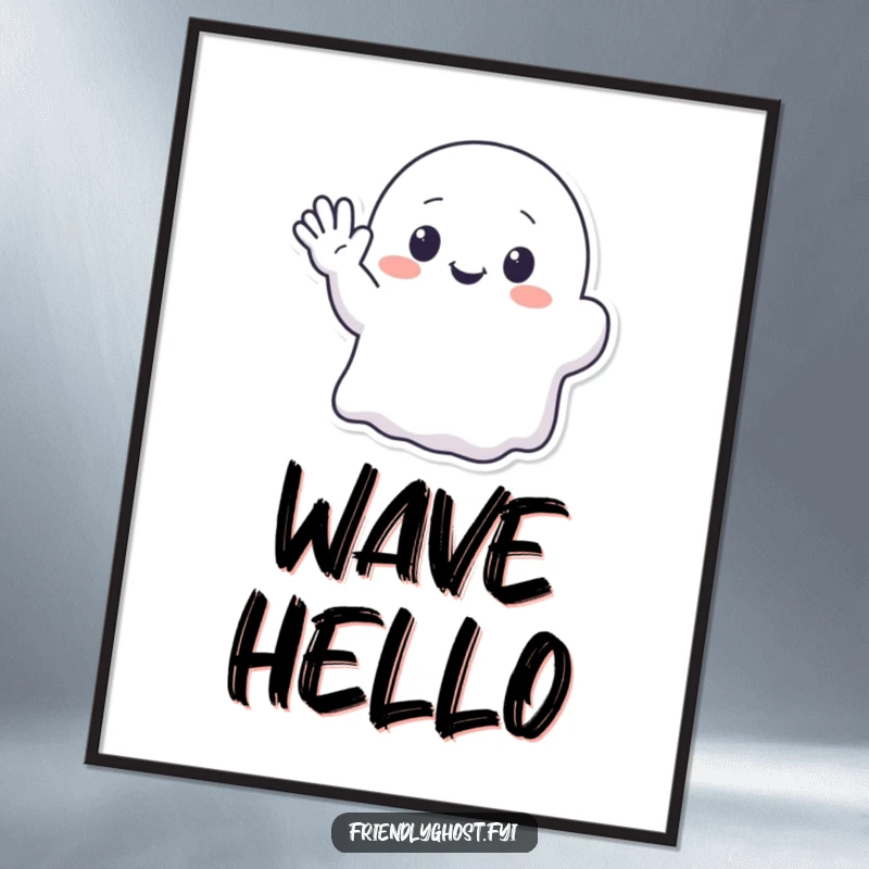 Funny digital art print of a kawaii ghost character enthusiastically waving with a cute, translucent hand.