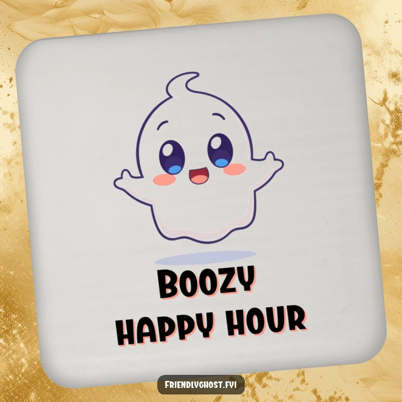 Funny surprised ghost character with wide, happy eyes mid-jump on a drink coaster, offering comical protection for surfaces.
