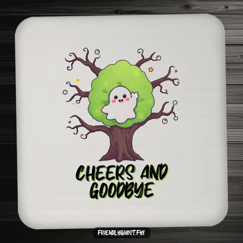 Funny ghost drink coaster featuring a friendly ghost waving from a spooky tree, perfect for adding charming spookiness.
