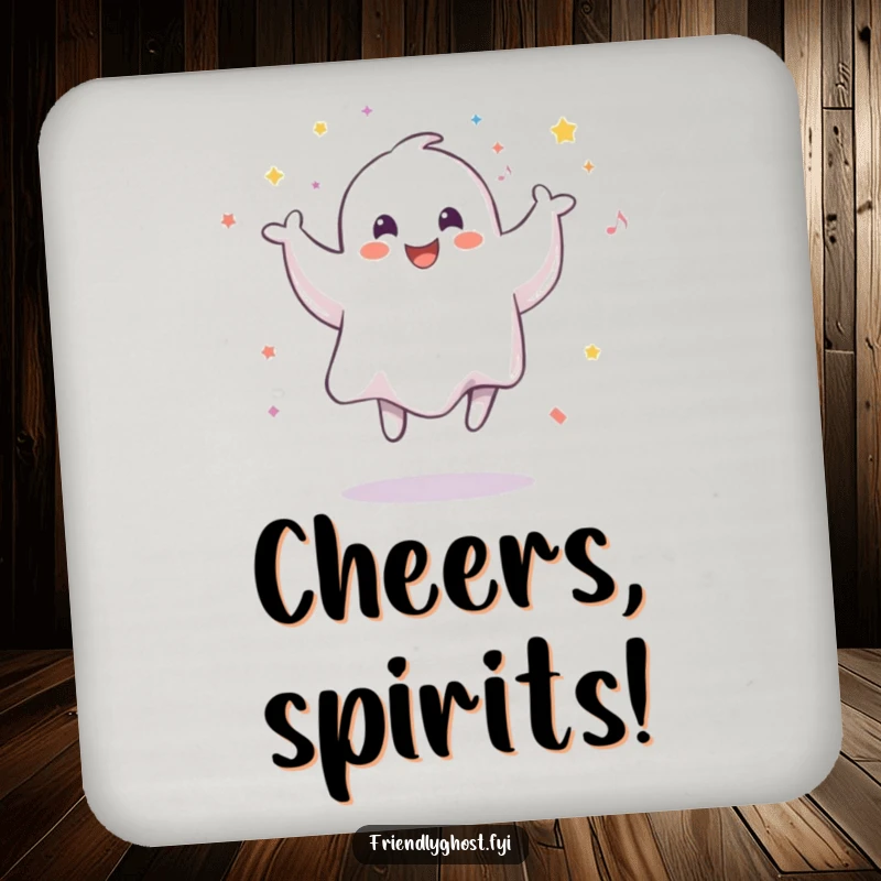 Funny drink coaster featuring a smiling ghost jumping with confetti, bringing spectral party spirit to beverage service.