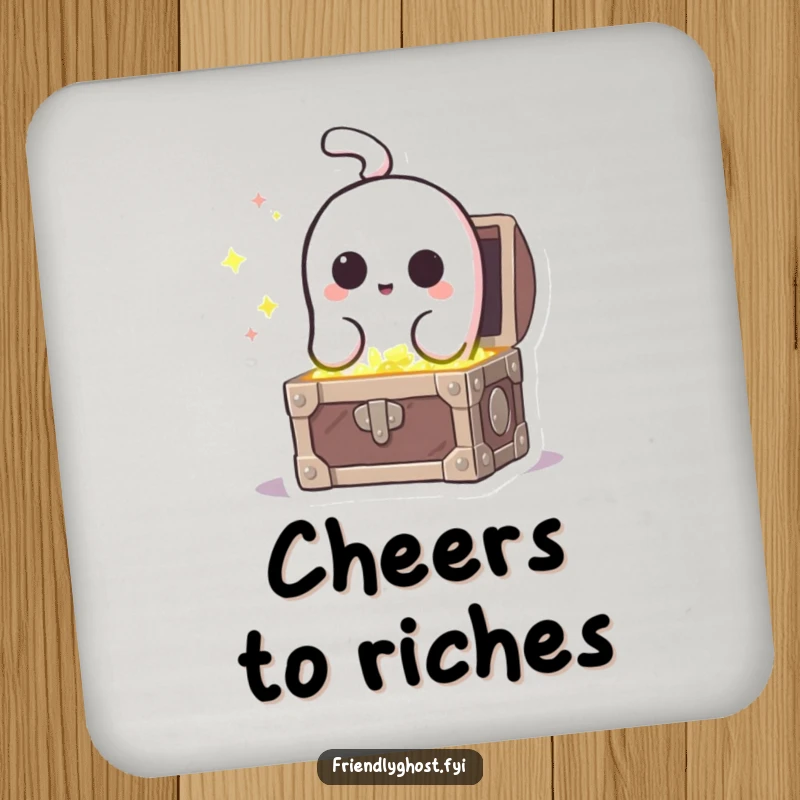 Funny curious ghost character peeking into a treasure chest, designed onto a humorous drink coaster.