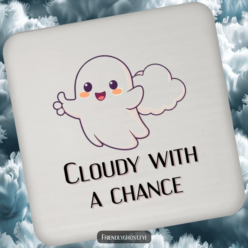 Funny coaster featuring a happy ghost giving cartoonish thumbs up beside a cheerful cloud, protecting surfaces with happy charm.