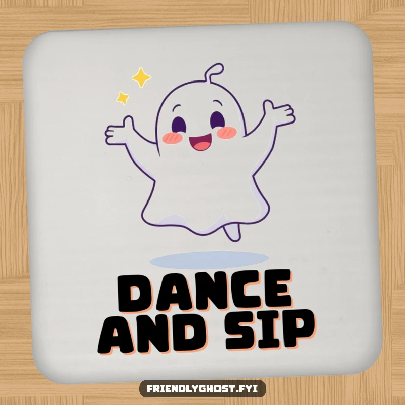 Funny drink coaster with a joyful ghost doing a silly, wobbly dance, bringing spectral rhythm to beverage service.