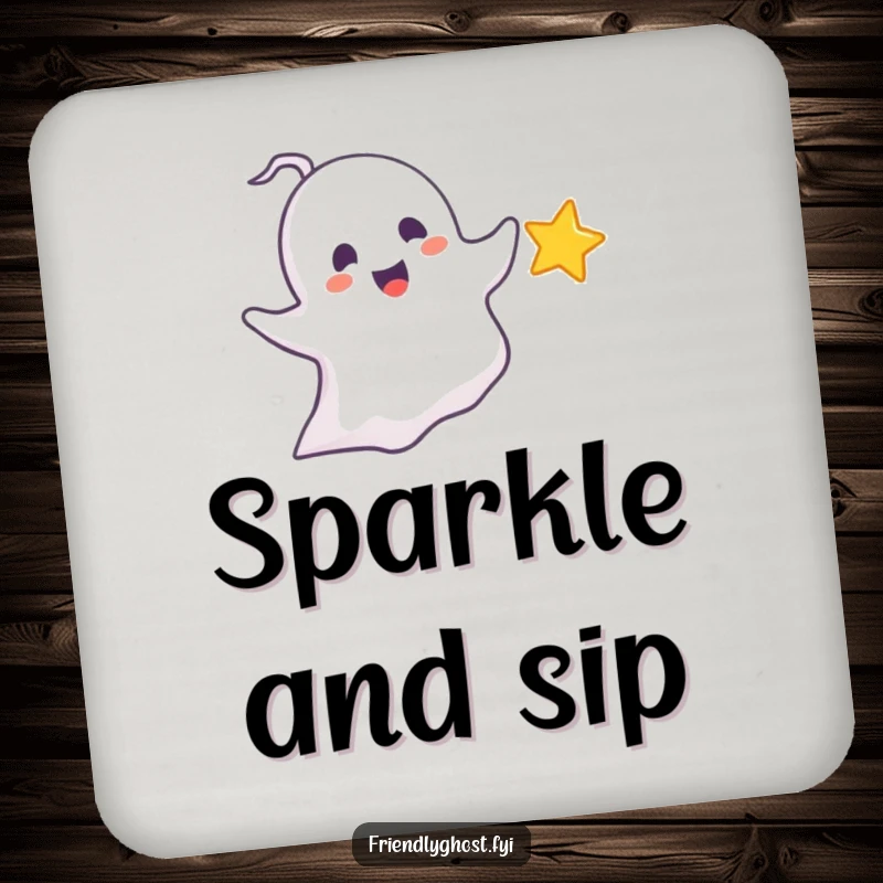 Funny chasing ghost coaster featuring a delighted ghost playfully pursuing a tiny, sparkling star, perfect for whimsical table protection and gifts.