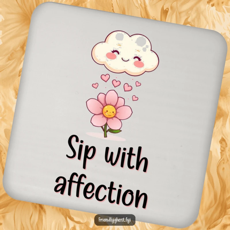 Funny coaster with a happy cloud hilariously raining tiny sparkling hearts onto a flower, adding cheerful, loving vibes to drink service.