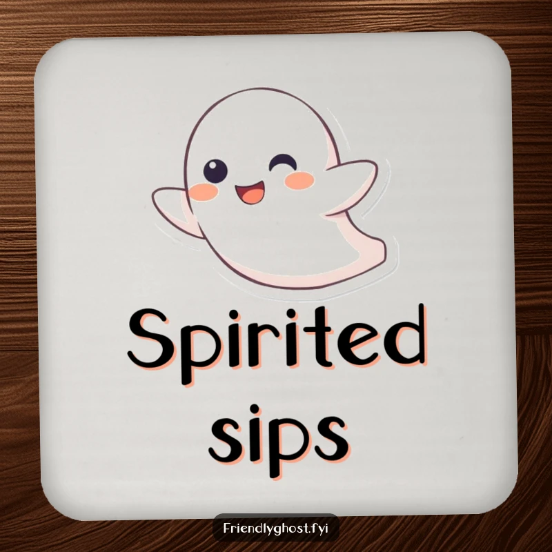 Funny drink coaster set featuring a little ghost character joyfully zipping through the air with a playful grin, adding humorous flair.