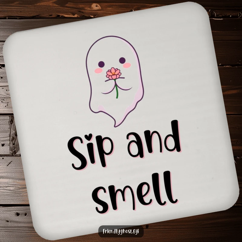 Funny Floating Ghost Coaster: A serene ghost floats down with a flower on this protective coaster. A functional and funny gift for ghost lovers.