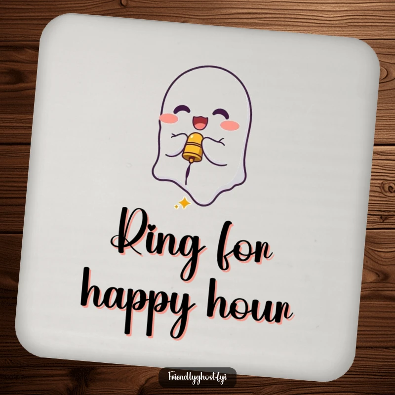 Funny Ghost Bell Ringer Coasters: Delighted spirit ringing a small bell, protecting surfaces with cheerful humor.