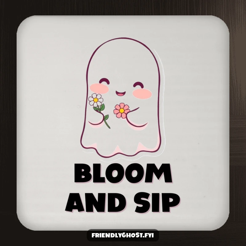Funny ghost blush drink coasters with a happy character blushing pink and holding a tiny flower, a humorous and protective table accessory gift.