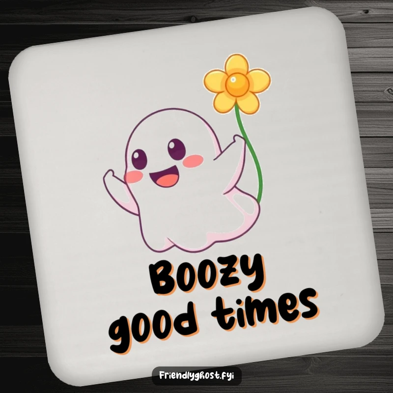 Funny coaster featuring a happy ghost with a wide grin booping a floating flower, protecting tables with playful charm.