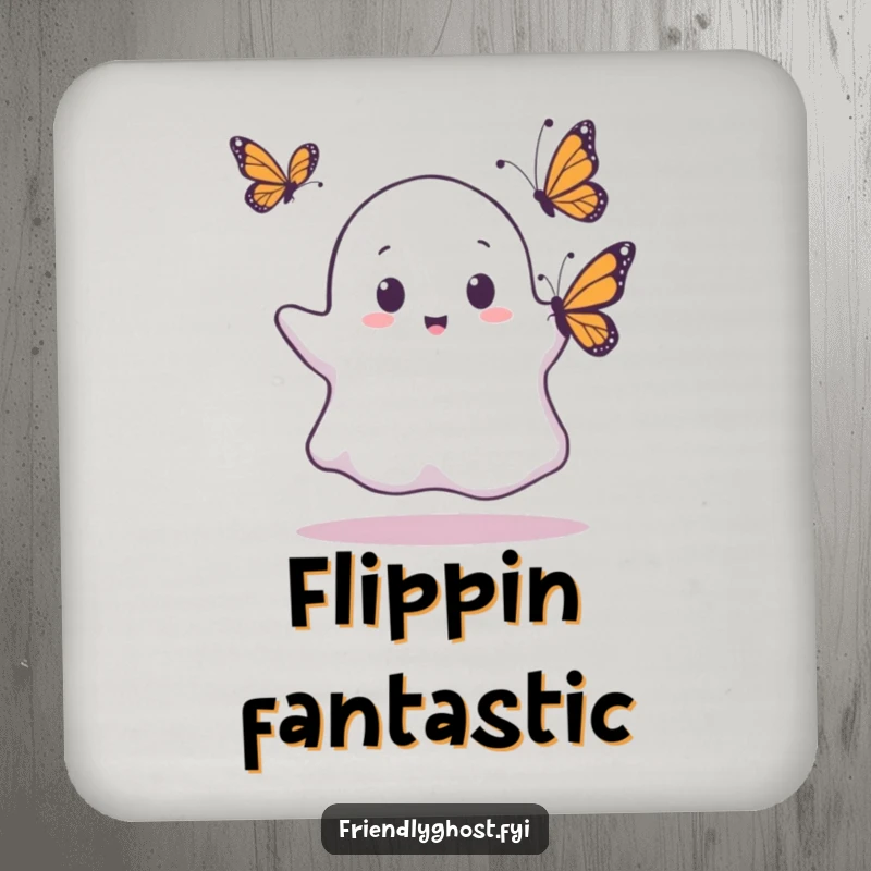 Funny coaster with a ghost showing surprise as a butterfly lands on it, protecting surfaces with spooky humor.