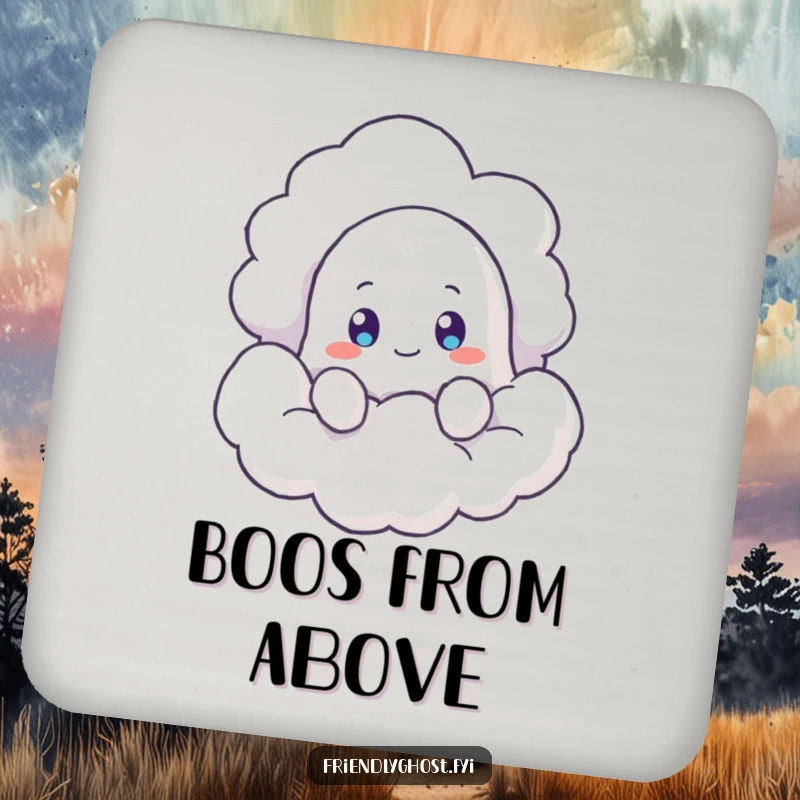 Funny Ghost Cloud Coaster: A curious ghost peeks from a cloud, guarding your drinks. A functional and funny gift for ghost enthusiasts.