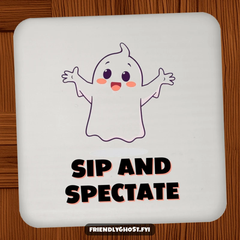 Funny ghost character drink coaster, depicted mid-silly dance with arms outstretched, adding a humorous touch.