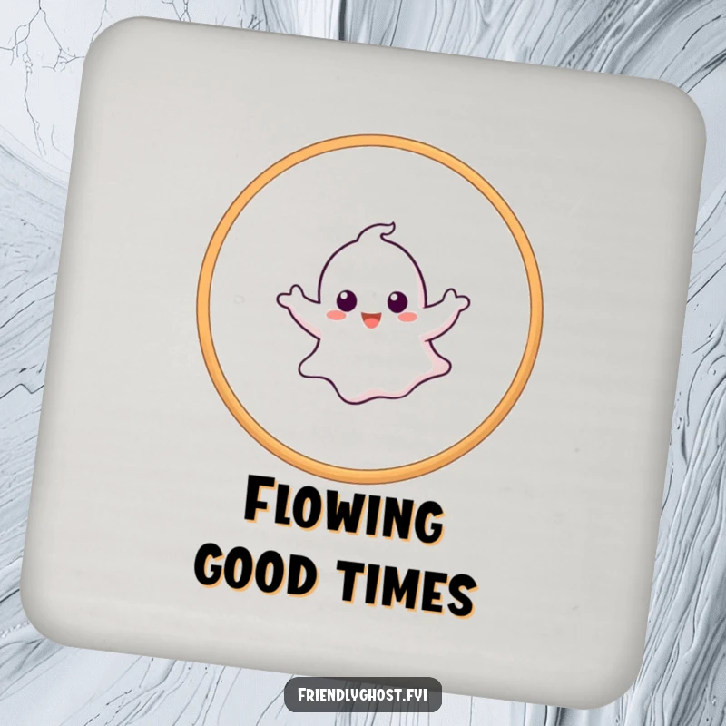 Funny ghost drink coaster featuring a playful ghost maneuvering through a hoop, ideal for protecting tables with style.
