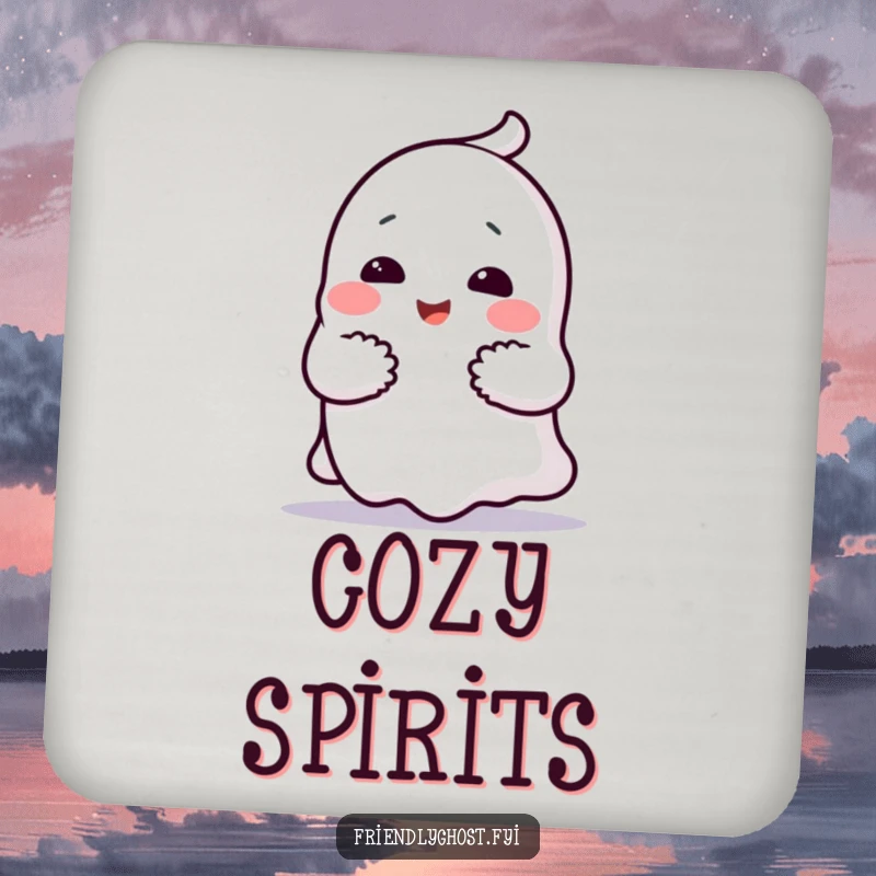 Funny ghost hug drink coasters with a cheerful character giving a comforting hug, a humorous and protective table accessory gift.