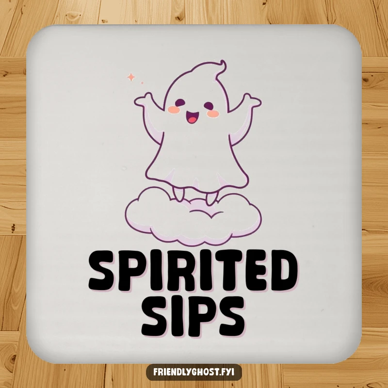 Funny drink coaster with a ghost doing a happy jig on a cloud, adding a humorous and spooky touch to table settings.