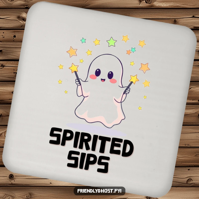 Funny coaster with a cute ghost hilariously juggling pins made of stars, adding celestial, spooky fun to drink service.
